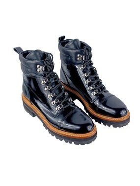 Marc Fisher Boots Lug Sole Ankle Lace Patent Leather Black Combat Women Size 6